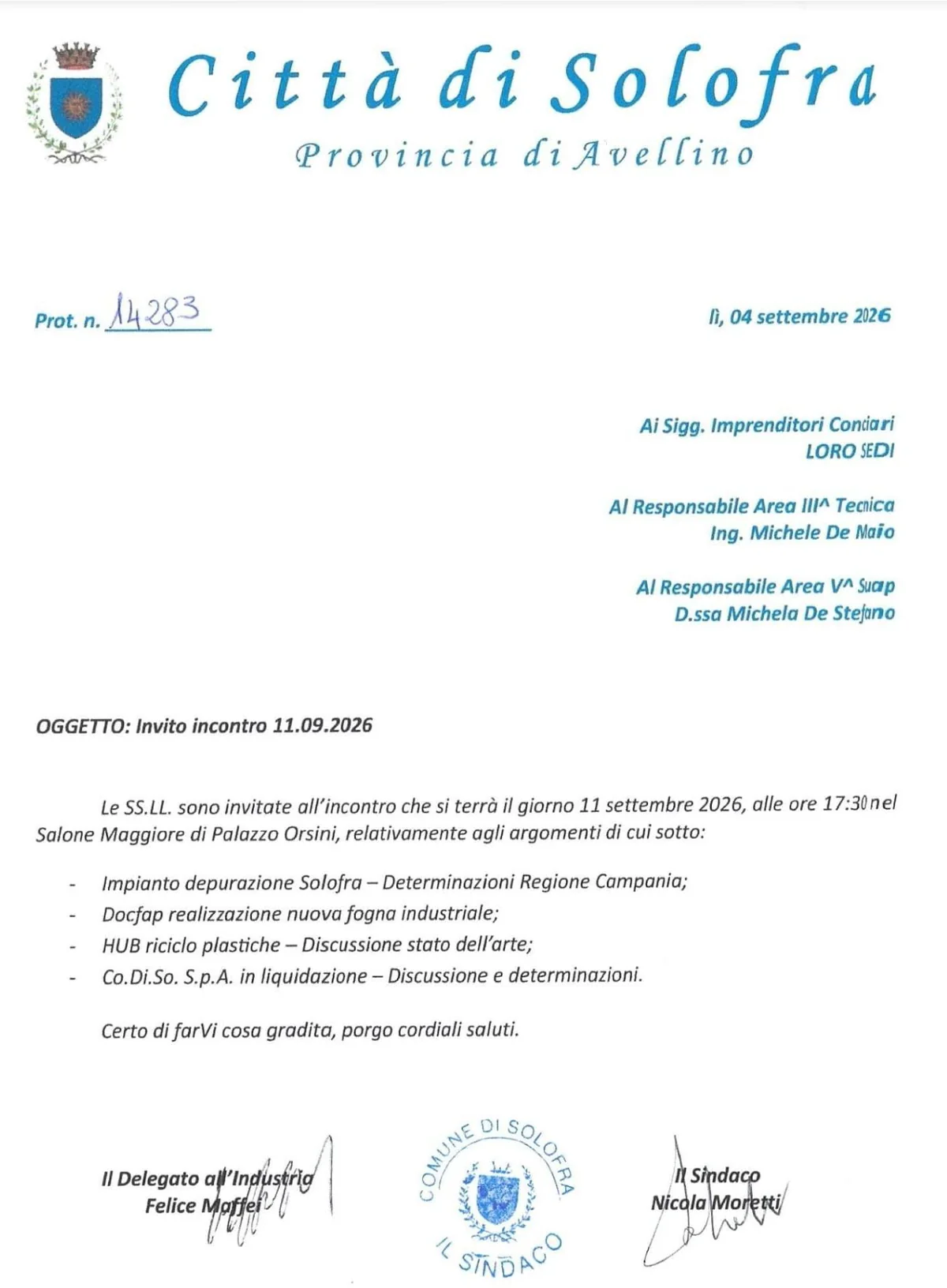 Documento del Comune di Solofra del 4 settembre 2026 relativo all’appuntamento dell’11 settembre